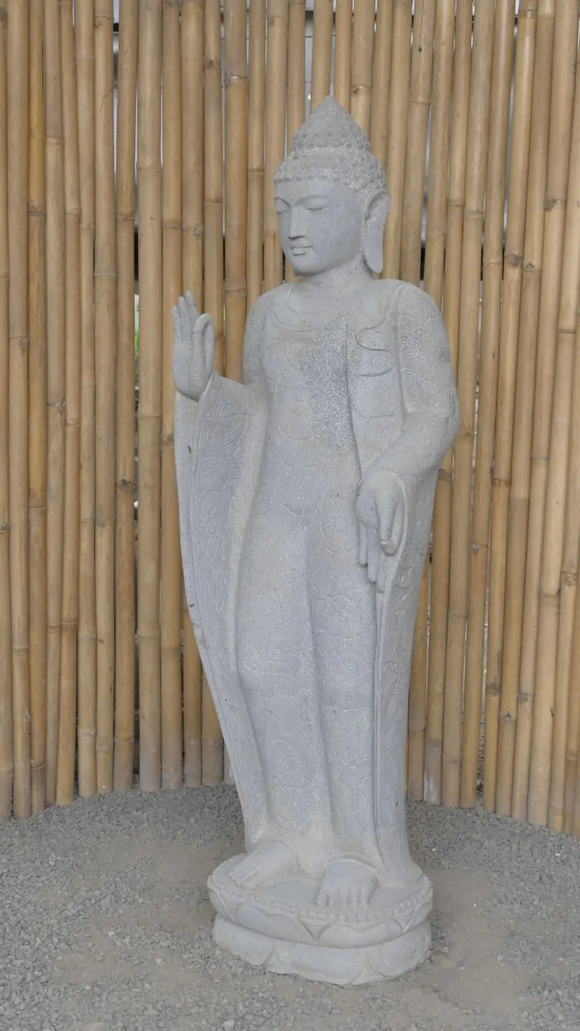  Product image 3 of the product “Standing Buddha with floral carving, Abudaya position. 48 x 34,5 x 151,5 cm. Natural stone (river stone), stonemasonry ”
